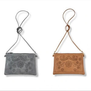 Leather cross body with laser cut flower design